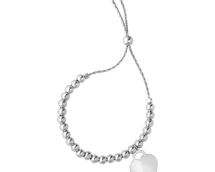 Adjustable Shiny Bead Bracelet with Heart Charm in Sterling Silver (1.30 mm)