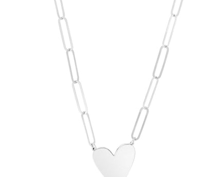 Sterling Silver Rhodium Plated Heart Paperclip Link Necklace