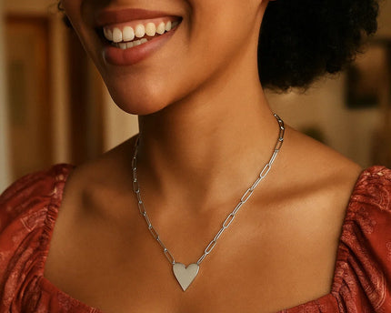 Sterling Silver Rhodium Plated Heart Paperclip Link Necklace