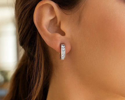 Sterling Silver Channel Set CZ Hoop Earrings (3x15 mm)