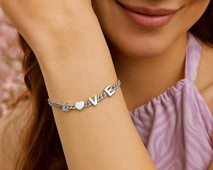Sterling Silver Rhodium Plated Love Chain Bracelet