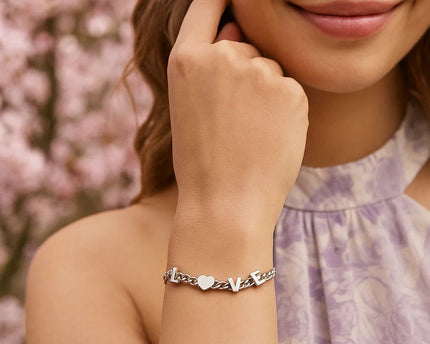 Sterling Silver Rhodium Plated Love Chain Bracelet