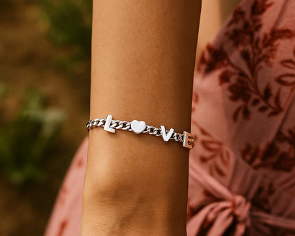Sterling Silver Rhodium Plated Love Chain Bracelet