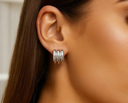 Sterling Silver Triple Row C Hoop Earrings