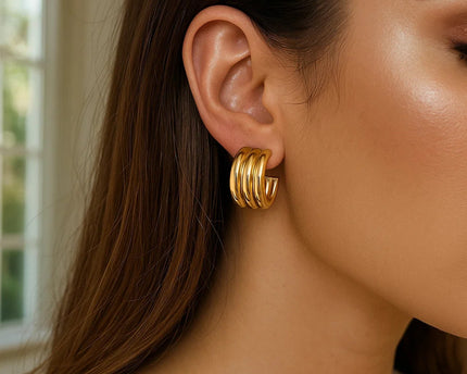 Sterling Silver Yellow Gold Plated Triple Row C Hoop Earrings