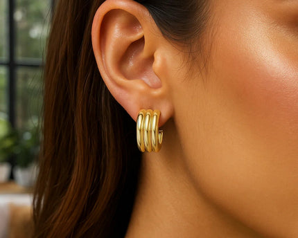 Sterling Silver Yellow Gold Plated Triple Row C Hoop Earrings