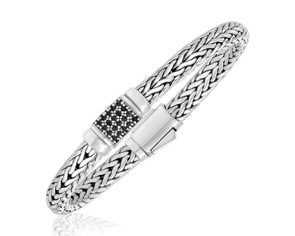 Sterling Silver Weave Style Bracelet with Black Sapphire Accents (7.10 mm)