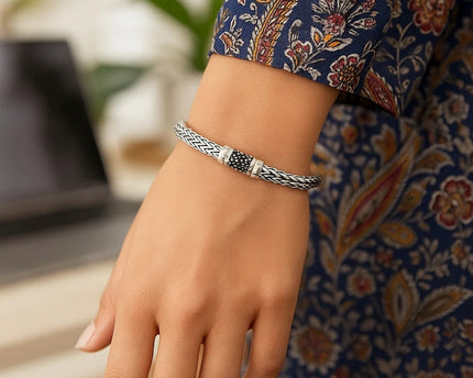 Sterling Silver Weave Style Bracelet with Black Sapphire Accents (7.10 mm)