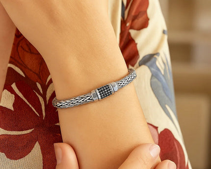 Sterling Silver Weave Style Bracelet with Black Sapphire Accents (7.10 mm)