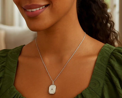 Sterling Silver Rhodium Plated Cubic Zirconia Octagonal Star Locket Necklace