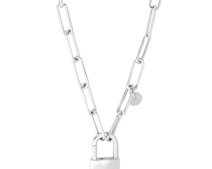 Sterling Silver Rhodium Plated Lock Paperclip Link Necklace