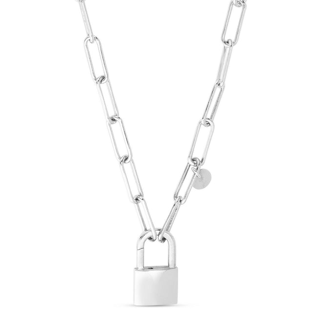 Sterling Silver Rhodium Plated Lock Paperclip Link Necklace