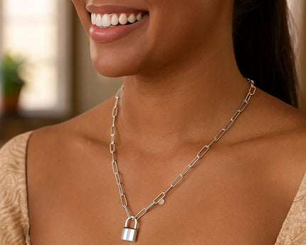 Sterling Silver Rhodium Plated Lock Paperclip Link Necklace