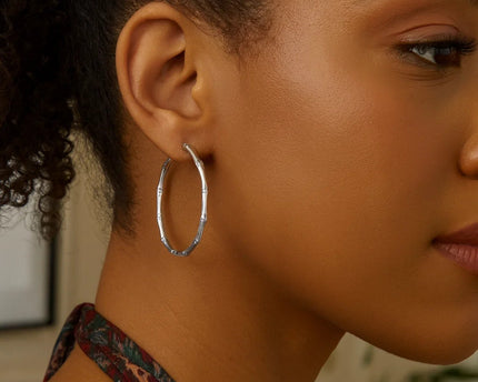 Sterling Silver Rhodium Plated Bamboo Hoop Earrings