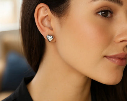 Sterling Silver Rhodium Plated Puffed Small Heart Stud Earrings