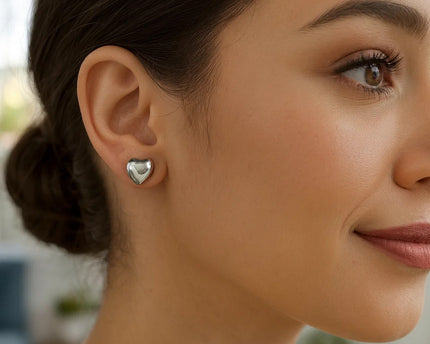 Sterling Silver Rhodium Plated Puffed Small Heart Stud Earrings