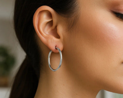 Sterling Silver Hoop Style Earrings with Polished Rhodium Plating (3x30mm)