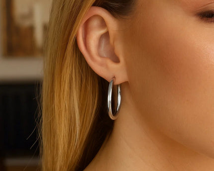 Sterling Silver Hoop Style Earrings with Polished Rhodium Plating (3x30mm)