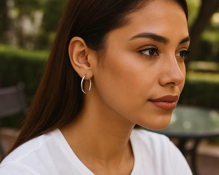 Sterling Silver Hoop Style Earrings with Polished Rhodium Plating (3x30mm)