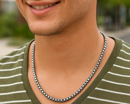 Sterling Silver Gunmetal Finish Round Box Chain Necklace