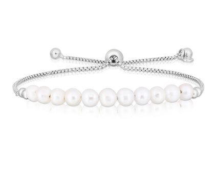 Sterling Silver Rhodium Plated Friendship Freshwater Pearl Drawstring Bracelet