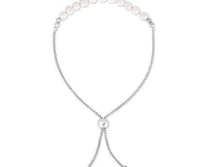 Sterling Silver Rhodium Plated Friendship Freshwater Pearl Drawstring Bracelet