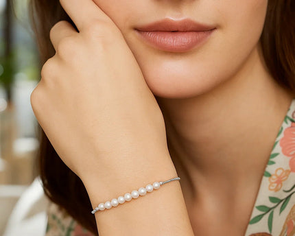 Sterling Silver Rhodium Plated Friendship Freshwater Pearl Drawstring Bracelet