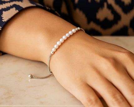 Sterling Silver Rhodium Plated Friendship Freshwater Pearl Drawstring Bracelet