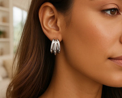 Sterling Silver Triple Barrelled Strand Hoop Earrings