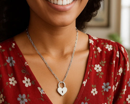Sterling Silver Rhodium Plated Padlock Heart Necklace