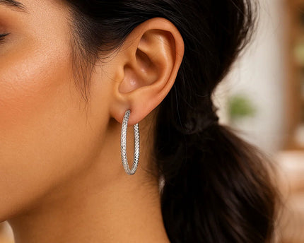 Sterling Silver Large Hoop Earrings with Braid Texture(3x35mm)
