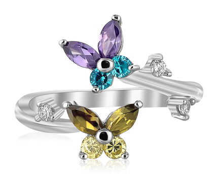 Sterling Silver Rhodium Plated Floral Toe Ring with Multi-Tone Cubic Zirconia