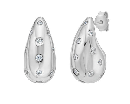 Sterling Silver Puffed Raindrop with Cubic Zirconia Stones Earrings