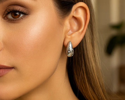 Sterling Silver Puffed Raindrop with Cubic Zirconia Stones Earrings