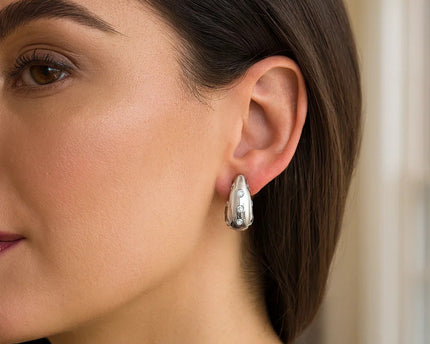 Sterling Silver Puffed Raindrop with Cubic Zirconia Stones Earrings