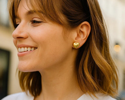 Sterling Silver Yellow Gold Plated Puffed Small Heart Stud Earrings