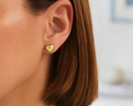 Sterling Silver Yellow Gold Plated Puffed Small Heart Stud Earrings