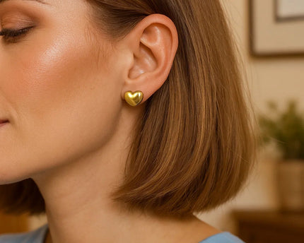 Sterling Silver Yellow Gold Plated Puffed Small Heart Stud Earrings