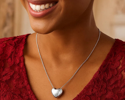 Sterling Silver Rhodium Plated Puffy Heart Necklace
