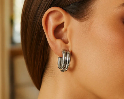 Sterling Silver Double Row Big and Small Round Hoop Earrings