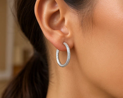 Sterling Silver Large Hoop Earrings with Braid Texture(3x20mm)