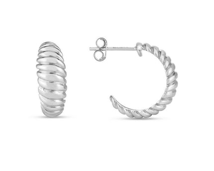 Sterling Silver Rhodium Plated Small Ribbed Twisted Hoop Earrings