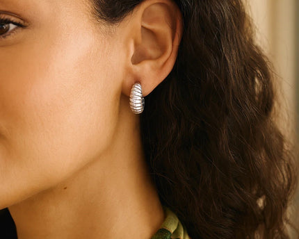 Sterling Silver Rhodium Plated Small Ribbed Twisted Hoop Earrings