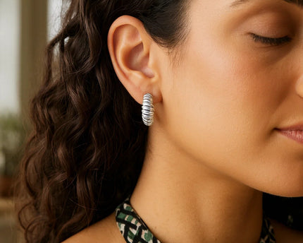 Sterling Silver Rhodium Plated Small Ribbed Twisted Hoop Earrings