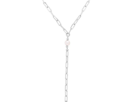 Sterling Silver Rhodium Plated Freshwater Pearl Paperclip Lariat Necklace