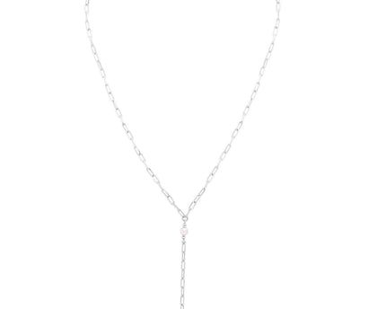Sterling Silver Rhodium Plated Freshwater Pearl Paperclip Lariat Necklace