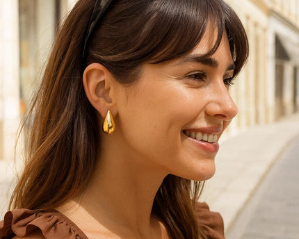 Sterling Silver Yellow Gold Plated Puffed Teardrop Earrings