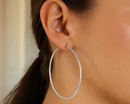 Sterling Silver Large Textured Round Hoop Earrings(1.6x60mm)