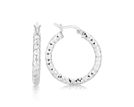 Sterling Silver Faceted Style Hoop Earrings with Rhodium Finishing(3x20mm)