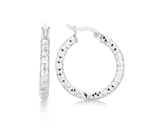 Sterling Silver Faceted Style Hoop Earrings with Rhodium Finishing(3x20mm)